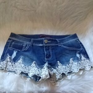 No Boundaries Blue and White Jean Shorts with Lace Trim